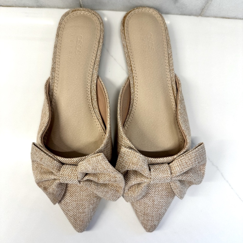 ASOS beige, pointy toe, bow mules